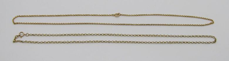 Two gold chain necklaces; a 10k example, 3.3g and a 9ct example, 3.4g