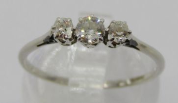 Early 20th century three stone diamond ring in white metal, mark worn - either platinum or 18ct