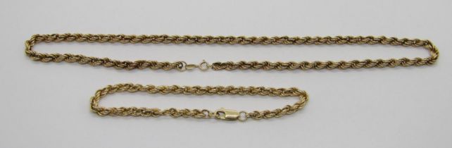 9ct rope twist chain collar necklace and matched bracelet, 8.8g total