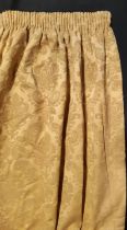 One pair of vintage extra long gold damask curtains, lined and thermal lined with pencil pleat