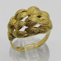 Gold bombe ring with textured finish, foreign stamps to outer shank, size M, 5.7g