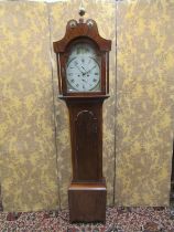 Regency mahogany Guernsey longcase clock with arched and painted dial, subsidiary calendar and