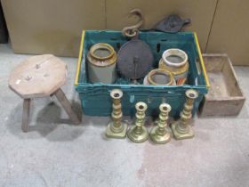 2 pairs of brass candlesticks together with 3 stone jars, scales, stool, tape, pulley &
