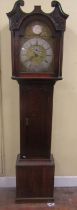 Georgian oak longcase clock, the hood with column supports and swan neck pediment enclosing a broken