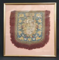 A 19th century ecclesiastic banner in shield form with central figure of St Peter (indistinct)