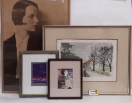 Group of 13 framed artworks, mostly prints to include: print of a black and white photo of Louise