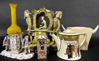 Collection of ceramics including a bisque figure of a sedan chair, four further miniature sedan