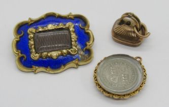 Group of antique yellow metal jewellery comprising a 19th century mourning brooch with cobalt blue