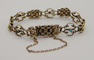 Antique 9ct fancy scrolled link bracelet set with turquoise cabochons, maker 'M.L&Co', 16.6g