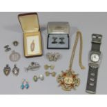 Collection of silver and costume jewellery to include two silver medal fobs, a Bond Boyd silver rose