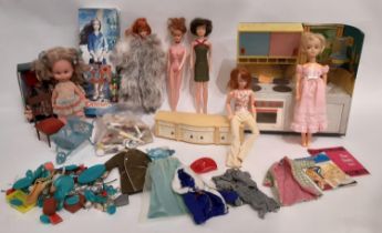 A collection of vintage dolls and accessories including an early 1960's short haired Sindy doll, a