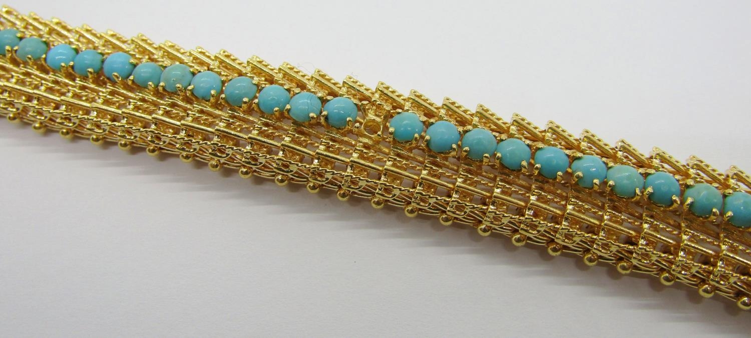 Vintage foreign yellow metal bracelet set with a line of turquoise cabochons (one vacant), with twin - Image 4 of 6