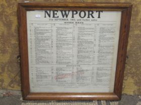 Railway interest - an oak framed wall mounted Newport printed paper railway service notice dated