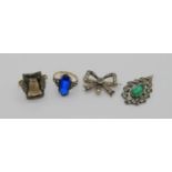 Group of antique jewellery comprising an Art Deco style 9ct gold and silver dress ring, a further