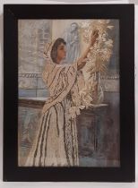 M. Thomas (19th century) - Girl holding flowers, embroidery over watercolour on paper, signed