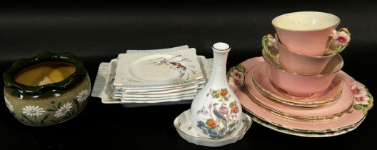 A sandwich set with fish detail, part Royal Winton tea service with floral panelled handle, Austrian