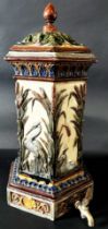 Victorian majolica water filter purifier, the body of hexagonal form with heron and bull rush detail