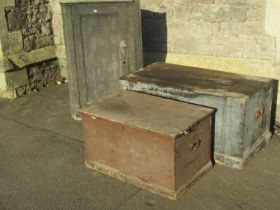 A 19th century pine box with hinged lid and dove tail construction, a further smaller example