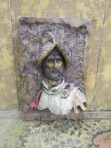 Glass fibre panel of a Spanish Conquistador against rough hewn simulated background (wall art)