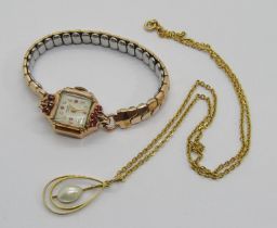 9ct blister pearl pendant necklace, 3.8g and a vintage Chalet 14k ladies dress watch set with