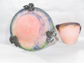 A early 20th century style French glass ceiling light, with a frosted pink sand mottled blue domed