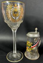 A large and impressive enamelled clear cut glass oversized goblet commemorating Willhelm II of