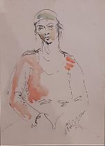 20th Century half portrait study of a woman sitting, ink and watercolour on brown paper, unsigned,