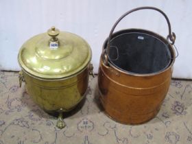 A vintage copper coal bucket in the form of a coopered barrel with loop handle together with a