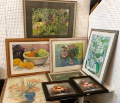 Eight paintings of flowers by different artists, to include: P. Morgan - two watercolours, largest