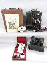 Zeiss Movikon 8 camera and two boxes of lenses, cased Ditmar vintage projector, and a pair of