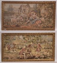 Two gilt framed vintage French style tapestries, 58 x 108 cm, framed as a pair (2)