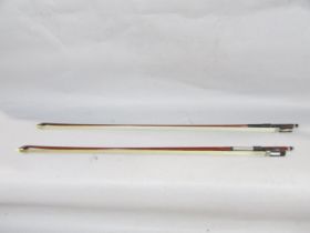 A Violin bow marked 'Allegro' and 'Swiss Made', together with another violin bow bearing no