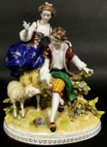 Capodimonte porcelain group with shepherd and shepherdess with a ewe, floral detail, etc
