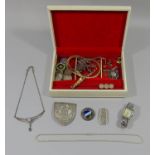 Collection of costume jewellery to include a University College Hospital white metal nurses buckle