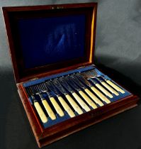 Cased set of six bone handled fish knives and forks and other plated ware, including a large Texas