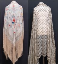 Early 20th century 'Piano' shawl with colourful embroidered flowers and moths on ivory silk ground