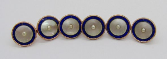 Set of six early 20th century 9ct mother of pearl dress buttons with cobalt blue enamel borders, 8.