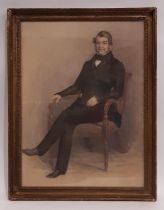 A full length portrait of a Georgian gentleman sitting in an armchair, watercolour on paper,