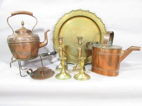 A large Chinese brass tray with central motif 44cm diam, a copper watering can, a copper kettle, a