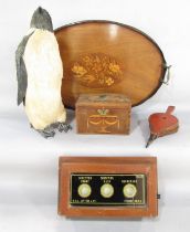 A miscellaneous collection of items including a Georgian tea caddy, an Edwardian mahogany tray, a