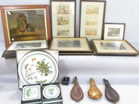 A miscellaneous collection of items including ten hand coloured prints fishing and hunting scenes