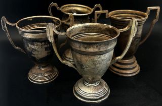 Eight silver miniature trophies and a cut glass spirit barrel raised on a silver plated stand, 15-16