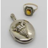 Aesthetic Movement white metal locket decorated with a wall pocket of flowers in high relief,