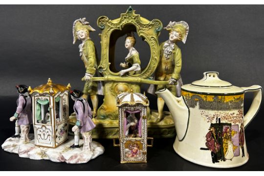 Collection of ceramics including a bisque figure of a sedan chair, four further miniature sedan - Image 2 of 2