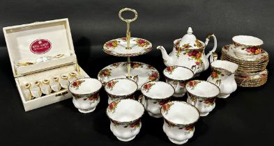 Royal Albert Country Roses pattern teawares comprising a two tier cake stand, teapot, milk jug,