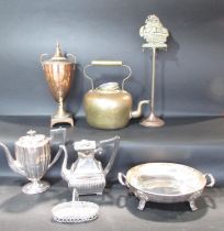 A 19th century copper Samovar, a copper kettle, a silver plated oval bowl, a silver plated tea and