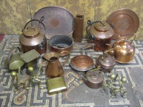 A large mixed collection of metal wares, 19th century and later to include copper, brass ,shoe lasts
