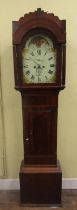 Regency mahogany longcase clock with string banded inlay, the arched and painted dial subsidiary