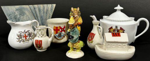 A collection of miscellaneous ceramics including Crested ware together with a Carn pottery fan