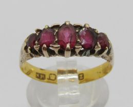 Five stone garnet ring, size R, 3g (shank refashioned from a 22ct wedding ring)
